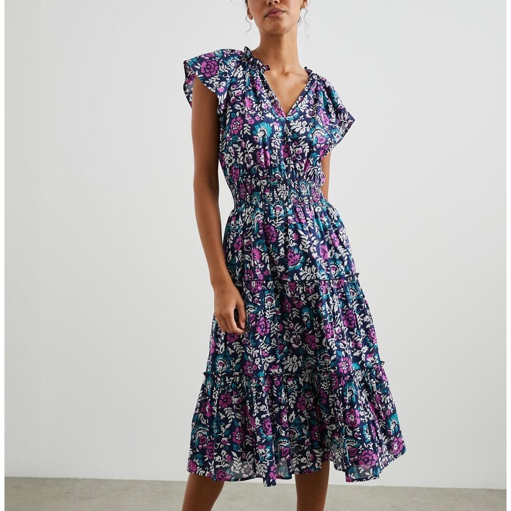 Rails Amellia Midi Dress in "Woodblock Floral" 100% Cotton Blue Size XL